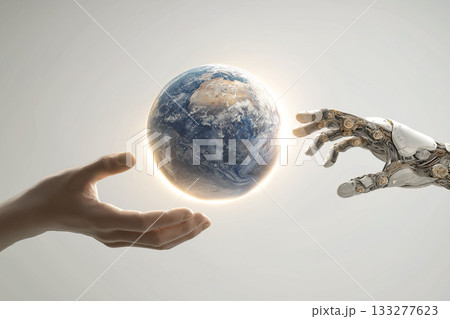 地球を支える人間とロボットの手 133277623
