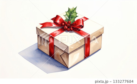 赤いリボンが結ばれたプレゼントボックスとヒイラギの葉 133277684