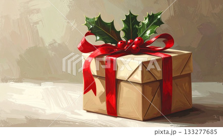 赤いリボンが結ばれたプレゼントボックスとヒイラギの葉 133277685