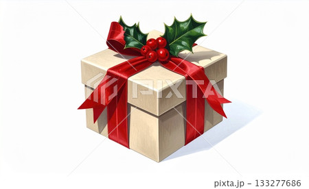 赤いリボンが結ばれたプレゼントボックスとヒイラギの葉 133277686