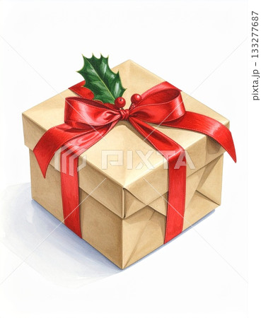 赤いリボンが結ばれたプレゼントボックスとヒイラギの葉 赤いリボンが結ばれたプレゼントボックスとヒイラギの葉 133277687