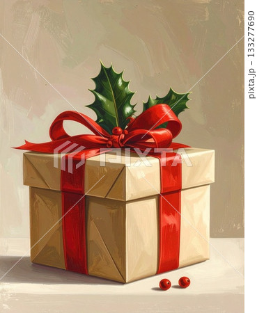 赤いリボンが結ばれたプレゼントボックスとヒイラギの葉 133277690