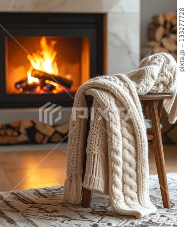 暖炉のそばの椅子に掛けられた、温かそうなニットのブランケット 133277728