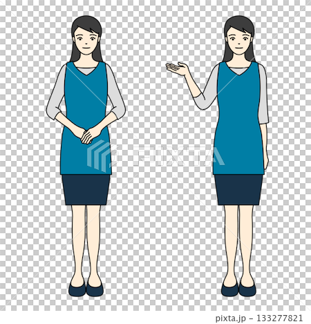 一位身穿藍色圍裙和裙子的女士全身像，面帶微笑，鞠躬或指路。 133277821