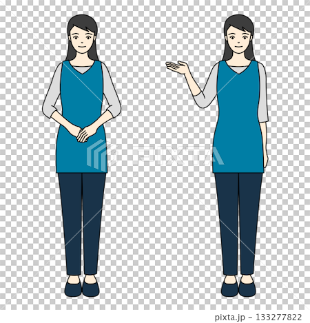 一位身穿藍色圍裙和長褲的女士全身像，面帶微笑，鞠躬或指路。 133277822