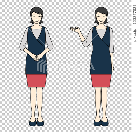 Full-body illustration of a smiling woman in a navy blue apron and red skirt bowing and giving directions Full-body illustration of a smiling woman in a navy blue apron and red skirt bowing and giving directions 133277825