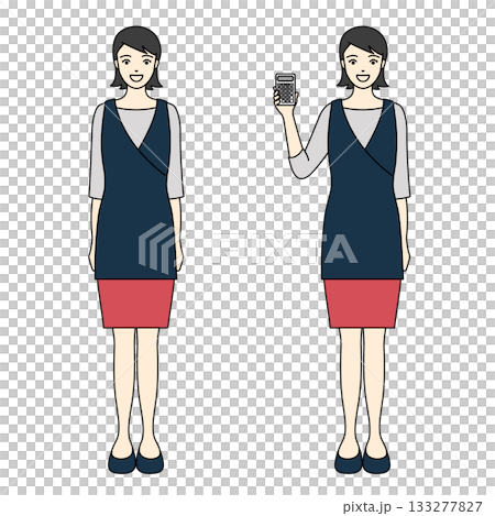Full-body illustration of a smiling woman in a navy blue apron and red skirt holding a calculator Full-body illustration of a smiling woman in a navy blue apron and red skirt holding a calculator 133277827
