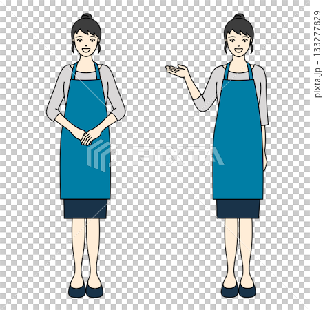 一位身穿藍色圍裙和裙子的女士全身像,面帶微笑,鞠躬或指路。 一位身穿藍色圍裙和裙子的女士全身像,面帶微笑,鞠躬或指路。 133277829