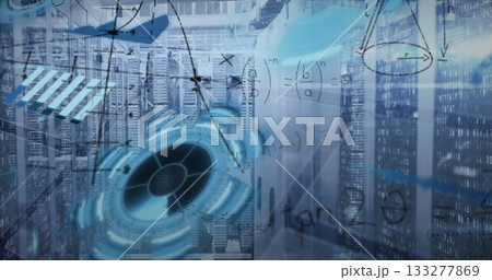 Projecting holographic circular interface floating in server room, with racks, LEDs and data arrows 133277869