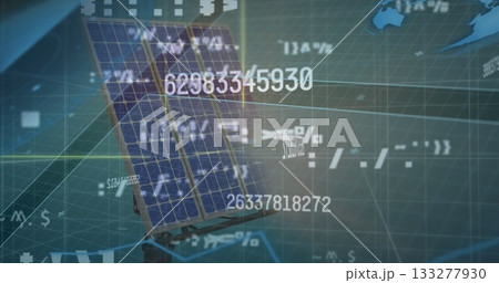 Showing solar panel array on frame merging with grid, numerical, world map overlays in VR interface Showing solar panel array on frame merging with grid, numerical, world map overlays in VR interface 133277930