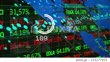 Displaying white circular progress gauge showing 109 Stock label on trading screen, with world map 133277935