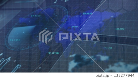 Presenting interface displaying world map in control panel, with numeric readouts and radar overlay 133277944