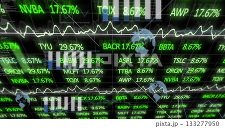 Displaying stock market data on dark grid, with ticker symbols, percentage figures and line graphs 133277950