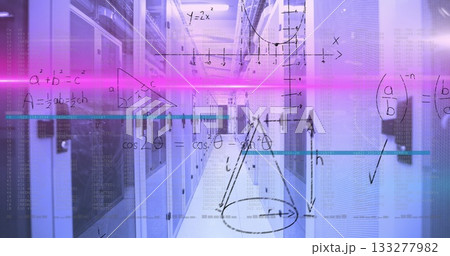 Illuminating data centre walkway, showing server racks with cable trays and magenta light streaks 133277982