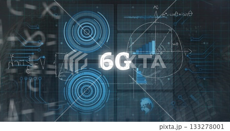 Displaying central 6G text on abstract interface scene, with HUD elements, translucent data panels 133278001