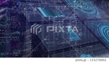 Floating translucent grid interface displaying math formulas, axes and triangle in AR, with waves 133278002