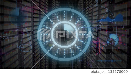 Displaying holographic interface projecting in server corridor, with LED lights and data panels Displaying holographic interface projecting in server corridor, with LED lights and data panels 133278009