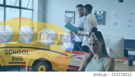 Collaborating coworkers talking while intern typing on computer in office with school bus overlay Collaborating coworkers talking while intern typing on computer in office with school bus overlay 133278012