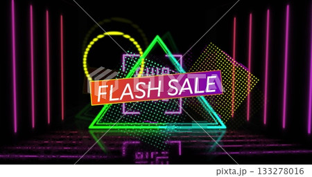 Shining neon Flash Sale banner glowing on glossy floor in showroom, with triangle and square shapes Shining neon Flash Sale banner glowing on glossy floor in showroom, with triangle and square shapes 133278016