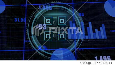 Displaying circular HUD on virtual dashboard with QR code and numeric overlays, with bar chart 133278034
