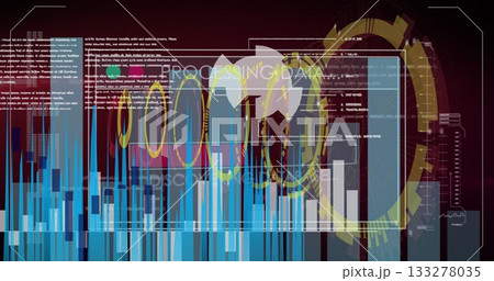 Displaying translucent data window in simulated control panel, with blue bar charts and code text 133278035