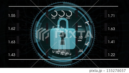 Hovering padlock icon over security dashboard, with concentric HUD rings and data gauges 133278037