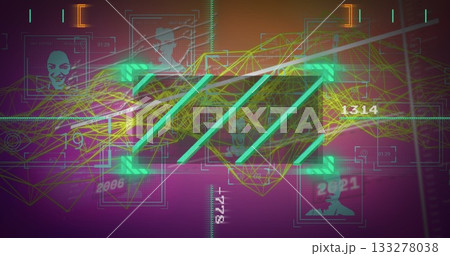 Displaying central slanted turquoise bars cutting neon green network in UI, with frames and numbers Displaying central slanted turquoise bars cutting neon green network in UI, with frames and numbers 133278038