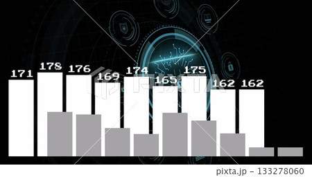 Visualizing bar chart showing white and gray bar pairs on circuit grid display, with security icons 133278060