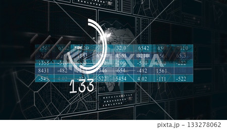 Displaying central data panel on control interface, with world map, blue data table, gauge 133 133278062