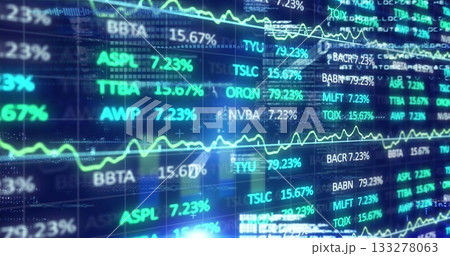 Displaying stock ticker symbols scrolling across trading screen with percentages and line graphs 133278063