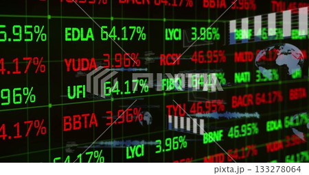 Displaying stock market interface on trading screen, with neon grid, ticker symbols and charts 133278064