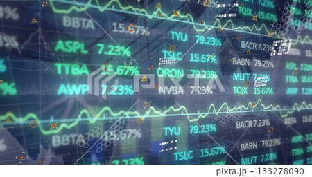 Displaying trading dashboard on screen, with stock tickers, percentages, graphs, grid and warnings 133278090