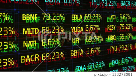 Displaying LED ticker showing stock symbols and percentages on trading floor, with chart overlays 133278091
