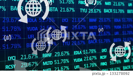 Displaying globe icon cluster rotating over dark digital grid display, with ticker symbols 133278092