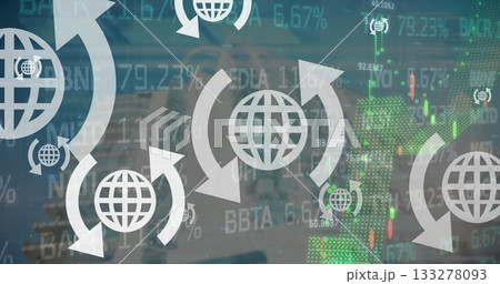 Displaying globe icons encircled by arrows floating over skyline, with candlestick charts, tickers 133278093