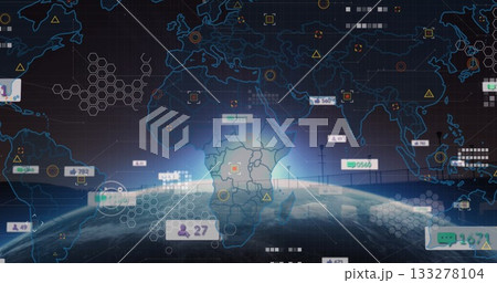 Animating Africa outline orbiting globe in data screen with hexagon grid, numeric labels and nodes Animating Africa outline orbiting globe in data screen with hexagon grid, numeric labels and nodes 133278104