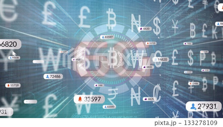 Streaming currency symbols and numeric tags around central Bitcoin HUD in grid, with notifications Streaming currency symbols and numeric tags around central Bitcoin HUD in grid, with notifications 133278109