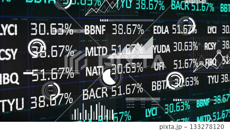 Displaying financial dashboard on dark grid, featuring stock ticker symbols and percentage readouts 133278120