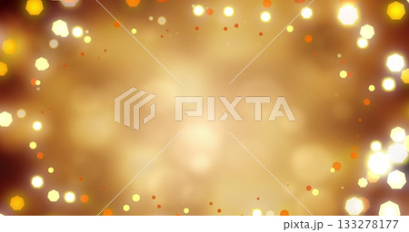 Floating warm-toned hexagonal and circular bokeh lights in abstract digital studio, amber gradient 133278177