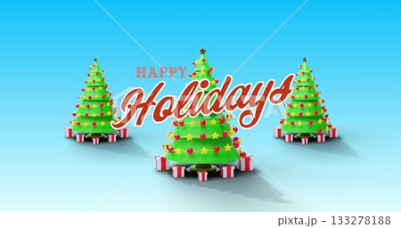 Displaying three Christmas trees on blue backdrop, with star toppers, gift boxes and Happy Holidays 133278188