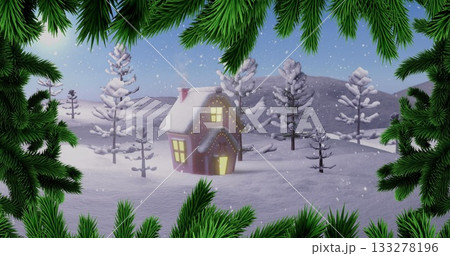 Drifting snowflakes falling through forest clearing, with glowing cottage windows and fir branches 133278196