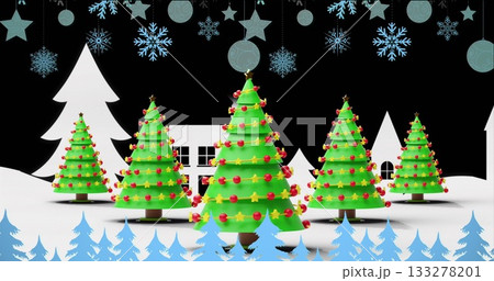 Standing green Christmas tree shining on holiday display, with red baubles and golden star toppers 133278201