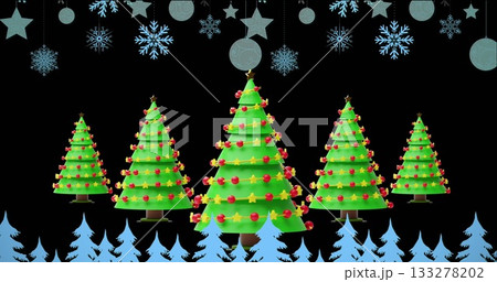 Displaying five Christmas trees on black with red and yellow ornaments, light blue fir silhouettes 133278202