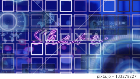 Displaying neon pink cursive Shape glowing over grid on blue purple gradient, with HUD graphics 133278227