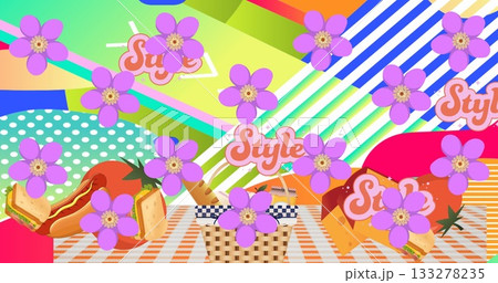 Featuring picnic scene occupying checkered cloth, with woven basket, flower graphics and Style text 133278235