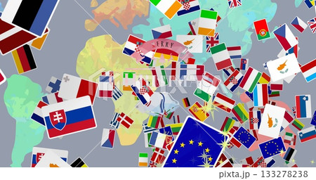 Displaying pink ribbon reading MERRY above silver bells on gray map, with European and EU flags 133278238