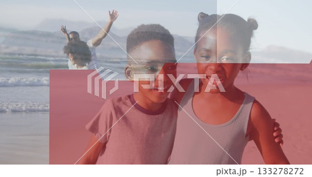 Hugging siblings standing on wet sand at beach, celebrating joyful family moment Hugging siblings standing on wet sand at beach, celebrating joyful family moment 133278272