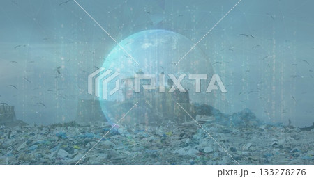 Operating rusted bulldozer within translucent barrier at dumpsite, seagulls circling overhead 133278276