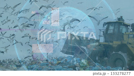 Operating loader moving waste at landfill amid seagulls, charts and globe grid overlay, copy space 133278277
