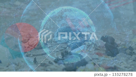 Standing gull scavenging at beach, with bottles, wrappers, digital globe overlay with red circle Standing gull scavenging at beach, with bottles, wrappers, digital globe overlay with red circle 133278278